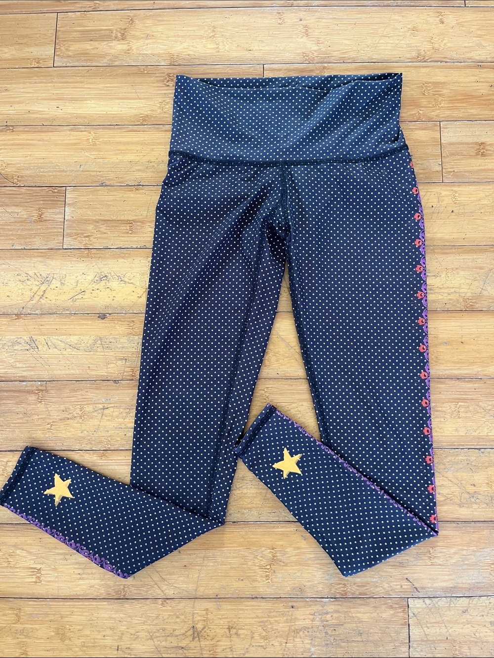 Teeki black Polka Dot Leggings with Pink/orange Side Trim and Yellow Star ankles